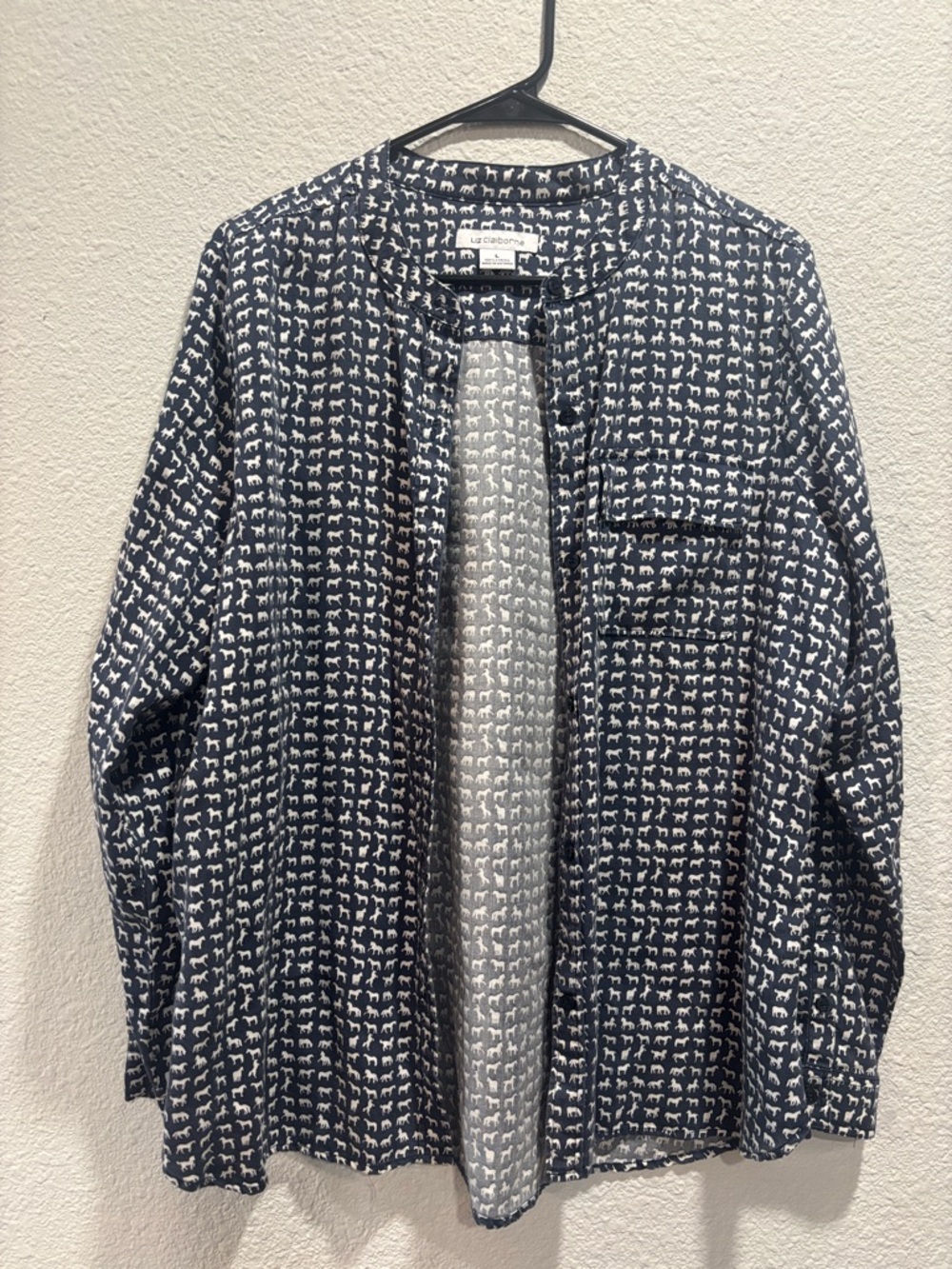Liz Claiborne Navy and White Printed Open-Front Jacket